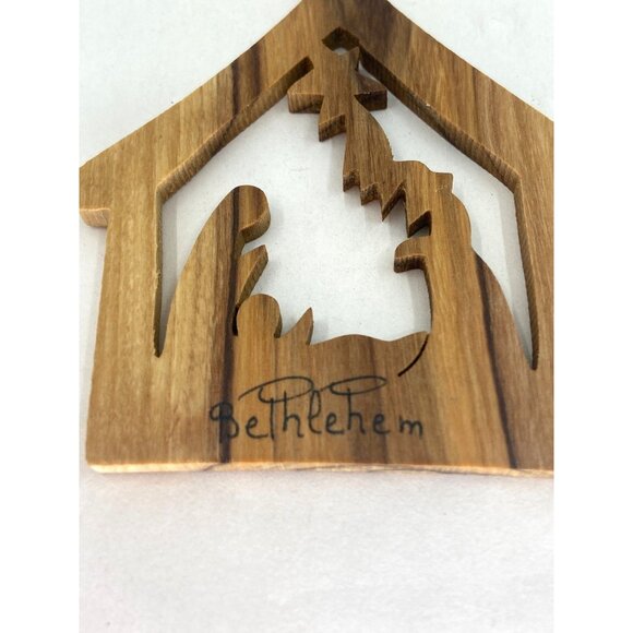Vintage Nativity Olive Wood Christmas Ornament Stable Hand Carved Holiday Decor - Picture 3 of 5